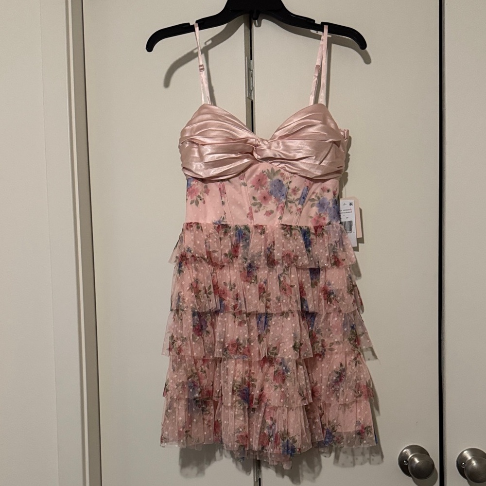Girls' Pink Floral Tiered Satin & Tulle Party Dress